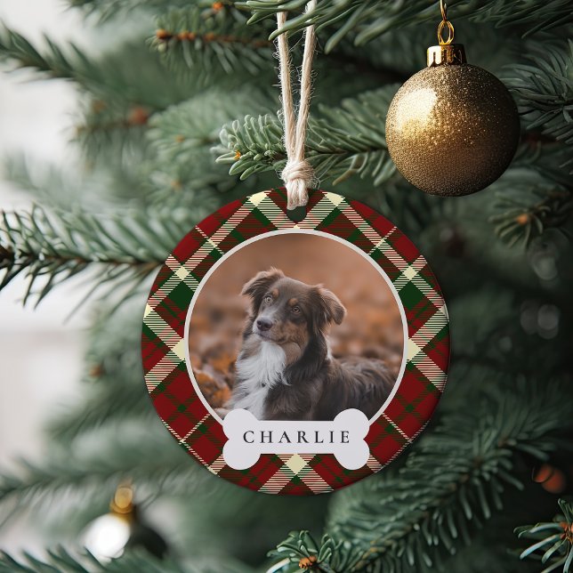 Classic Plaid Personalised Pet Dog Photo & Name Ceramic Ornament (Creator Uploaded)