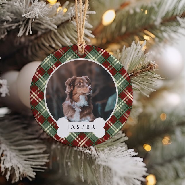 Classic Plaid Personalised Pet Dog Photo & Name Ceramic Ornament (Creator Uploaded)