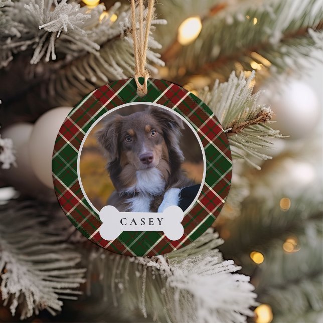 Classic Plaid Personalised Pet Dog Photo & Name Ceramic Ornament (Creator Uploaded)