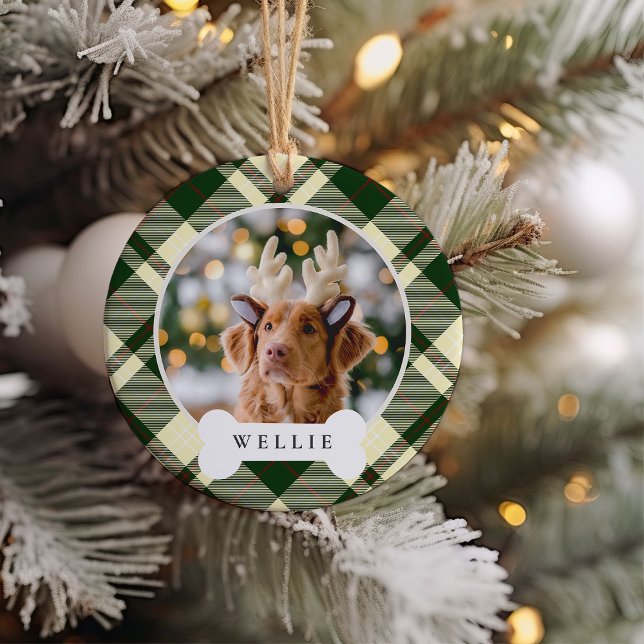 Classic Plaid Personalised Pet Dog Photo & Name Ceramic Ornament (Creator Uploaded)