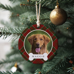 Classic Plaid Personalized Pet Dog Photo & Name Ceramic Ornament
