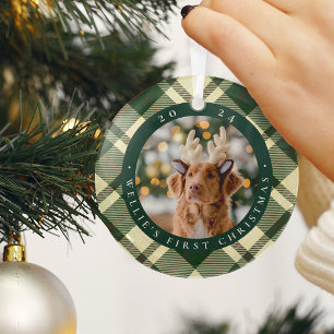 Classic Plaid Pet's First Christmas Photo Glass Tree Decoration