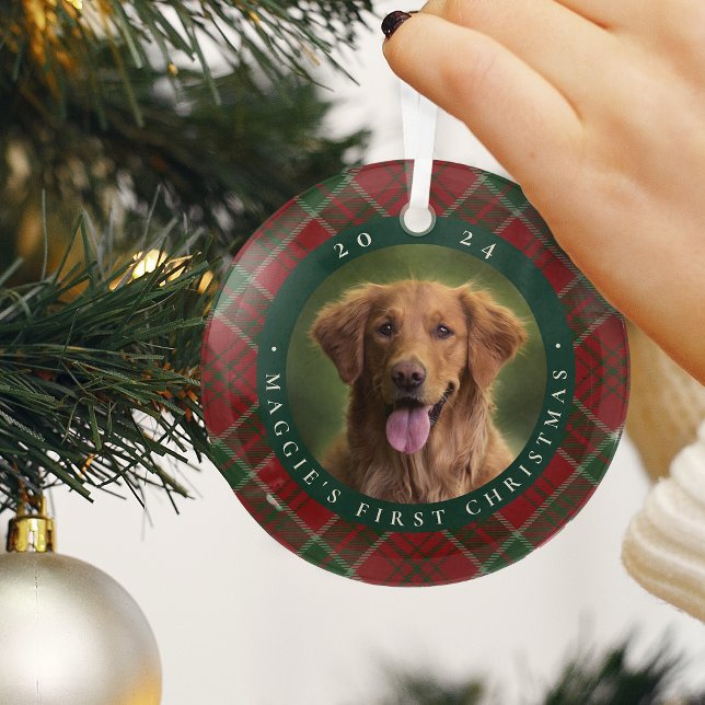 Classic Plaid Pet's First Christmas Photo Glass Tree Decoration (Creator Uploaded)