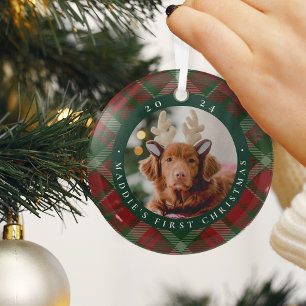 Classic Plaid Pet's First Christmas Photo Glass Tree Decoration