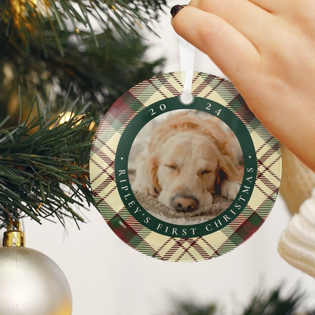 Classic Plaid Pet's First Christmas Photo Glass Tree Decoration (Creator Uploaded)