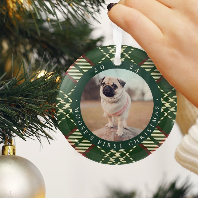 Classic Plaid Pet's First Christmas Photo Glass Tree Decoration (Creator Uploaded)