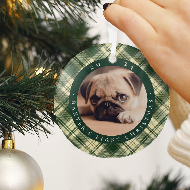 Classic Plaid Pet's First Christmas Photo Glass Tree Decoration (Creator Uploaded)