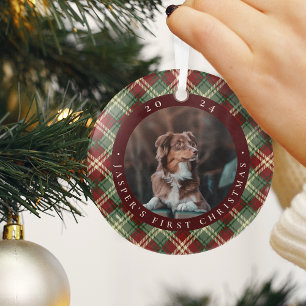 Classic Plaid Pet's First Christmas Photo Glass Tree Decoration