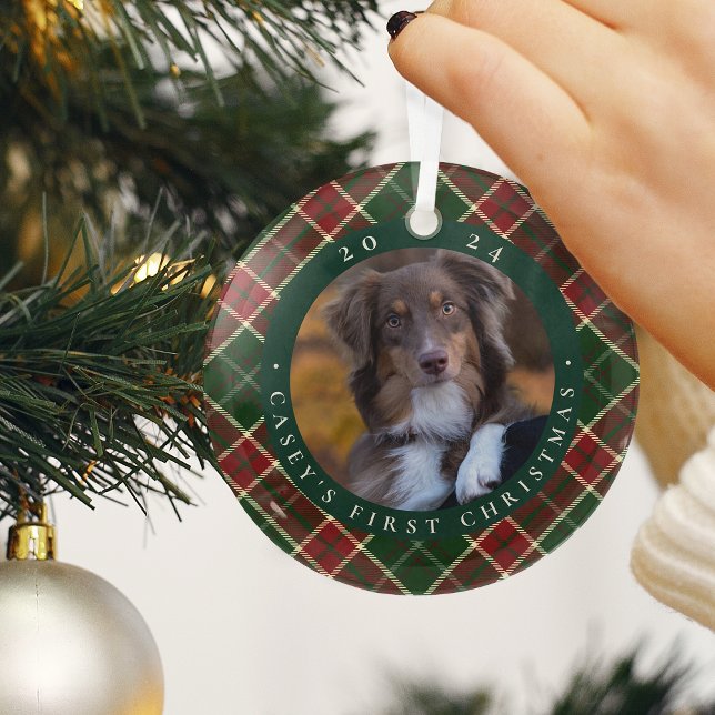 Classic Plaid Pet's First Christmas Photo Glass Tree Decoration (Creator Uploaded)