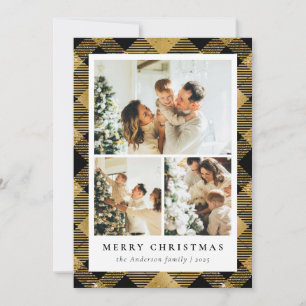 Classic Plaid & Photo Collage Black Gold Christmas Holiday Card