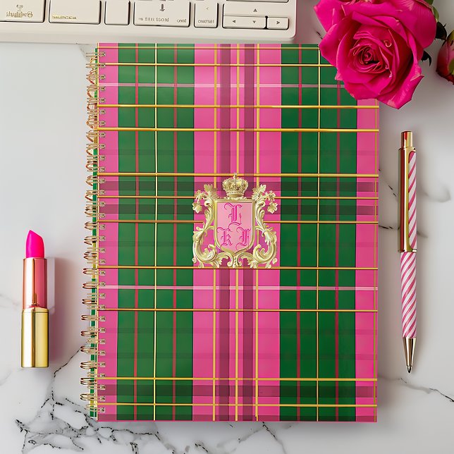 Classic Plaid Pink and Green Monogrammed  Notebook (Stylish Monogrammed Pink and Green Notebook, Glossy Soft Cover or Matte Hardcover 2425)