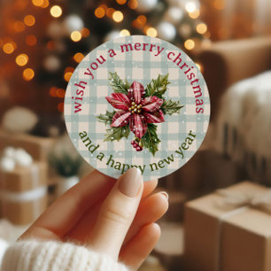 Classic Plaid Poinsettia Floral Merry Christmas Round Sticker