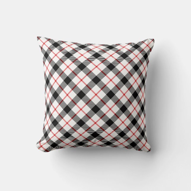 Classic Plaid Red Black White Holiday Throw Pillow (Front)