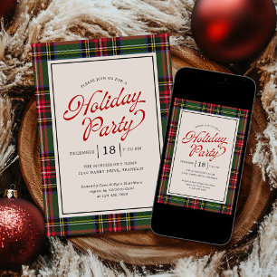 Classic Plaid Retro Script Holiday Party Invitation