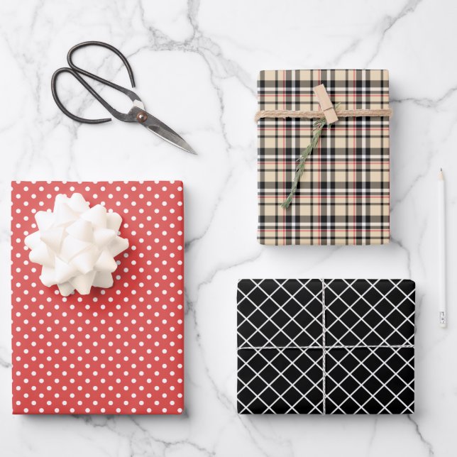 Classic Plaid Stripes Black White Polka Dots Wrapping Paper Sheet (Front)