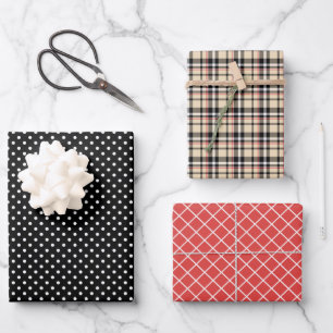 Classic Plaid Stripes Black White Polka Dots Wrapping Paper Sheet