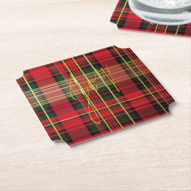 Classic Plaid Tartan 'Joy' Calligraphy Decorative  Paper Coaster (Angled)