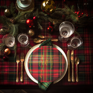 Classic Plaid Tartan 'Joy' Calligraphy Decorative  Paper Plate