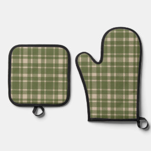 Classic Plaid Tartan Pattern-Olive Green & Cream Oven Mitt & Pot Holder Set