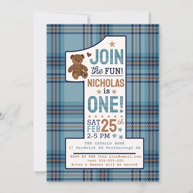 Classic Plaid Teddy Bear First Birthday Custom Invitation (Front)