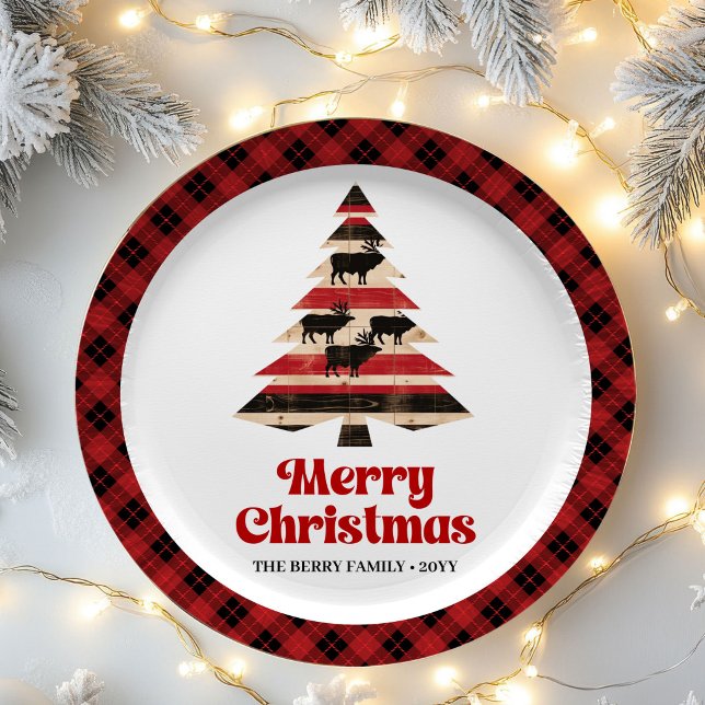 Classic Plaid Tree Christmas Custom Name Paper   Plate (Classic Plaid Tree Christmas Custom Name Paper Plates)