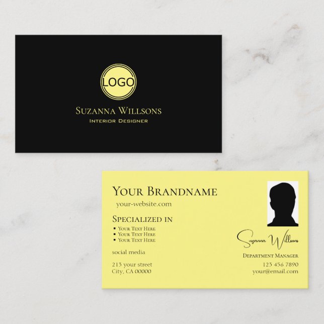 Classic Plain Black Yellow with Logo and Photo Business Card (Front/Back)