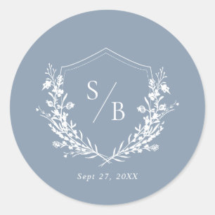 Classic Plain Dusty Blue Monogram Crest Wedding Classic Round Sticker