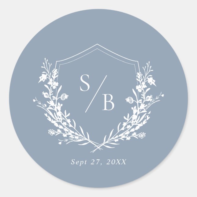 Classic Plain Dusty Blue Monogram Crest Wedding Round Sticker (Front)