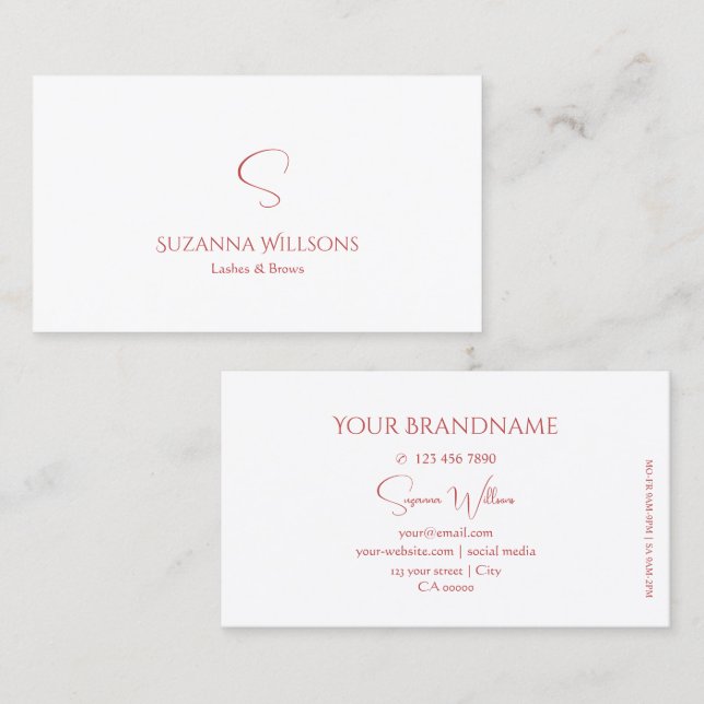 Classic Plain White and Red with Monogram Modern Business Card (Front/Back)