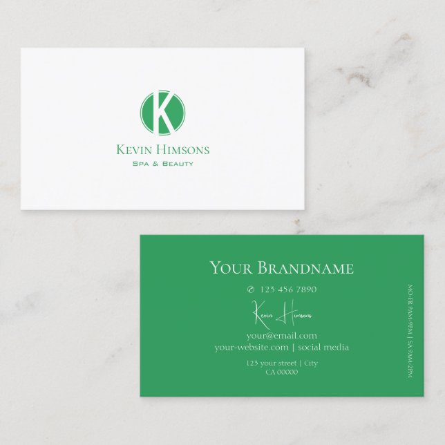 Classic Plain White and Sea Green with Monogram Business Card (Front/Back)