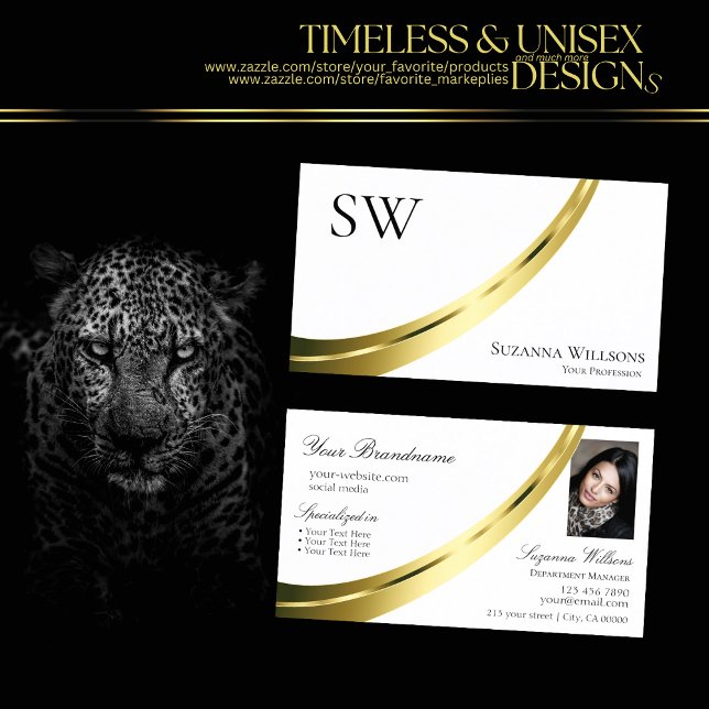 Classic Plain White Gold Decor Monogram and Photo Business Card (Creator Uploaded)