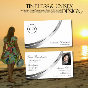 Classic Plain White Silver Decor Logo and Photo Business Card