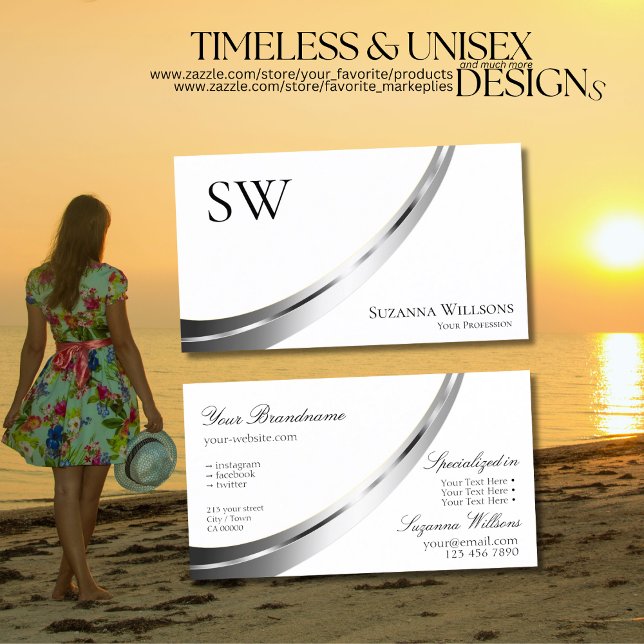 Classic Plain White Silver Decor with Monogram Business Card (Creator Uploaded)