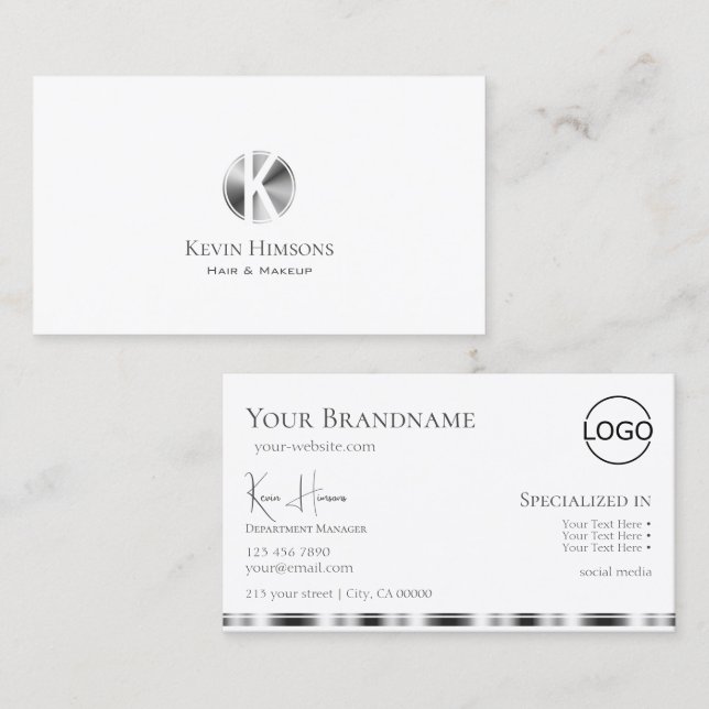 Classic Plain White Silver with Monogram and Logo Business Card (Front/Back)