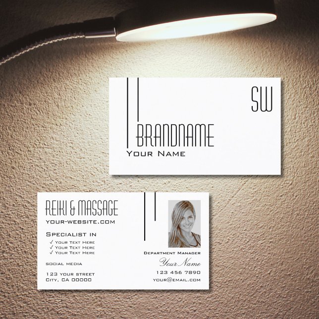 Classic Plain White with Monogram and Photo Modern Business Card (Creator Uploaded)