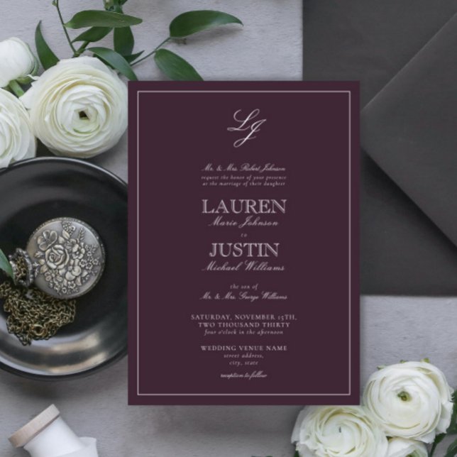 Classic Plum Purple Calligraphy Monogram Wedding Invitation (Creator Uploaded)