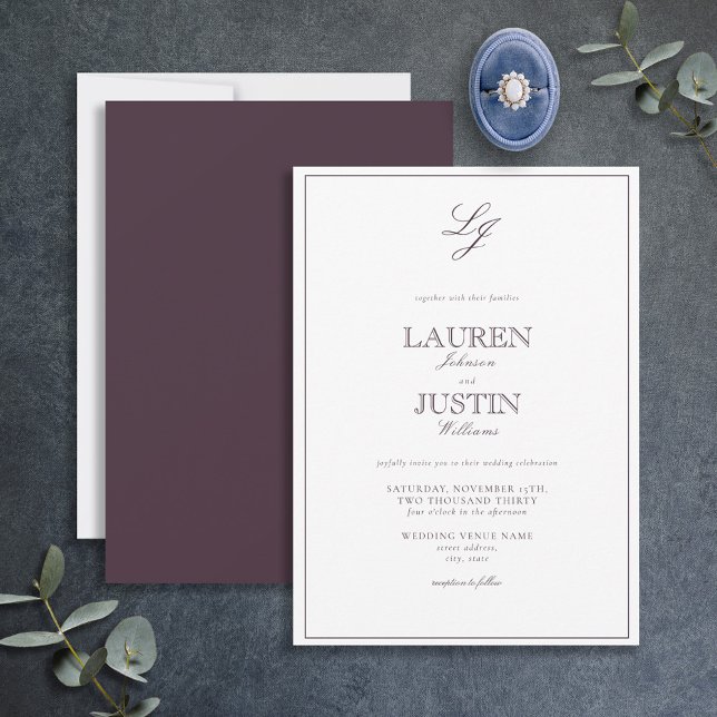Classic Plum Purple Calligraphy Monogram Wedding Invitation (Creator Uploaded)