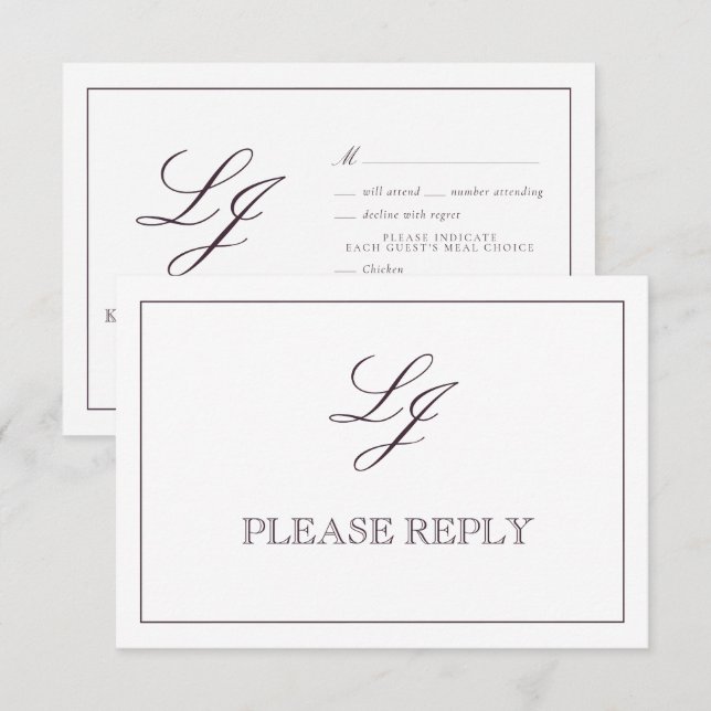 Classic Plum Purple Calligraphy Monogram Wedding RSVP Card (Front/Back)