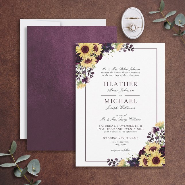 Classic Plum Purple Sunflower Watercolor Wedding Invitation (Creator Uploaded)