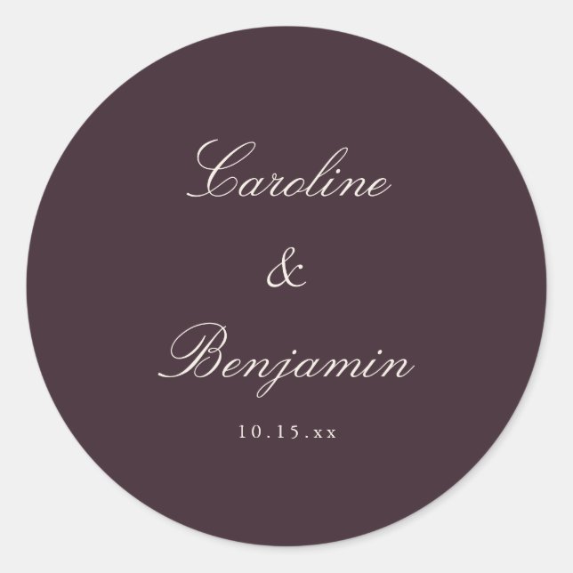 Classic Plum Script Elegant Wedding Custom Round Sticker (Front)