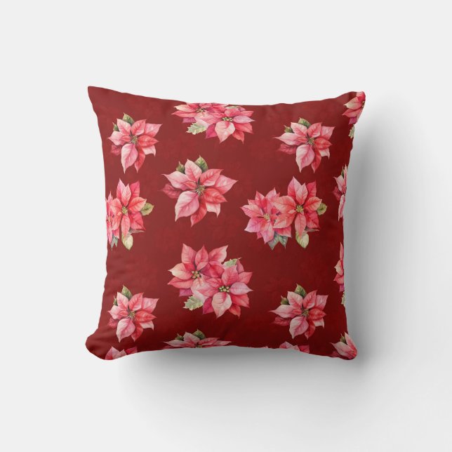Classic Poinsettia Christmas Flowers Red Cushion (Front)