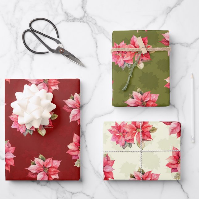 Classic Poinsettia Christmas Flowers Wrapping Paper Sheet (Front)
