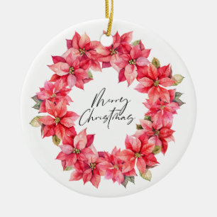 Classic Poinsettia Christmas wreath with berries Ceramic Ornament