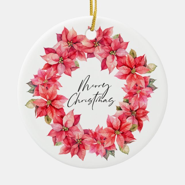 Classic Poinsettia Christmas wreath with berries Ceramic Ornament (Front)