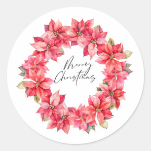 Classic Poinsettia Christmas wreath with berries Round Sticker
