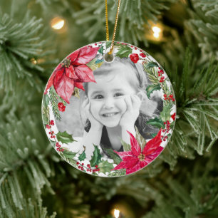 Classic Poinsettia Merry Christmas Photo Ceramic Ornament