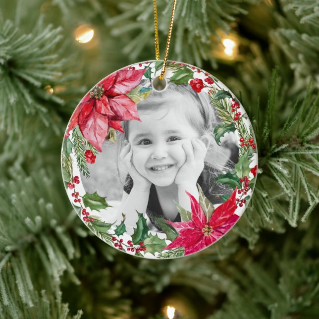 Classic Poinsettia Merry Christmas Photo Ceramic Ornament (Tree)