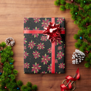 Classic Poinsettia with Gold Spritz on black Wrapping Paper