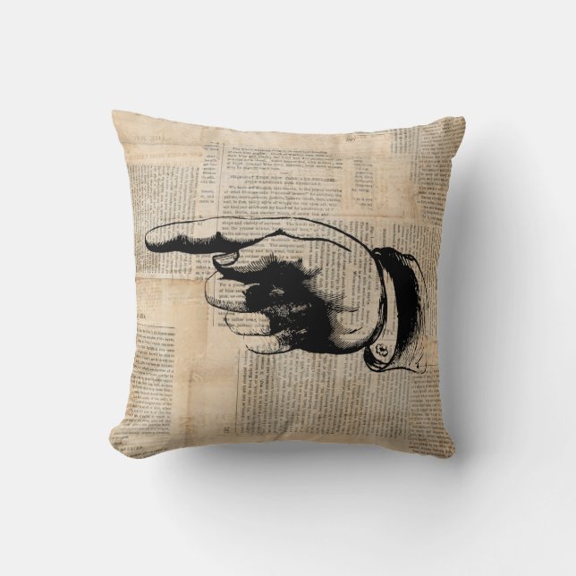 Classic Pointing Finger Art Newspaper Background Cushion (Front)