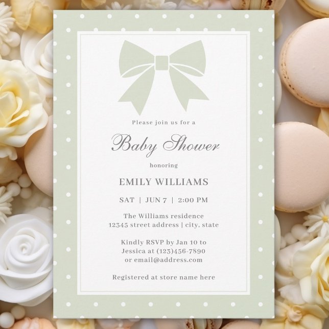 Classic Polka Dot Light Sage Green Bow Baby Shower Invitation (Creator Uploaded)